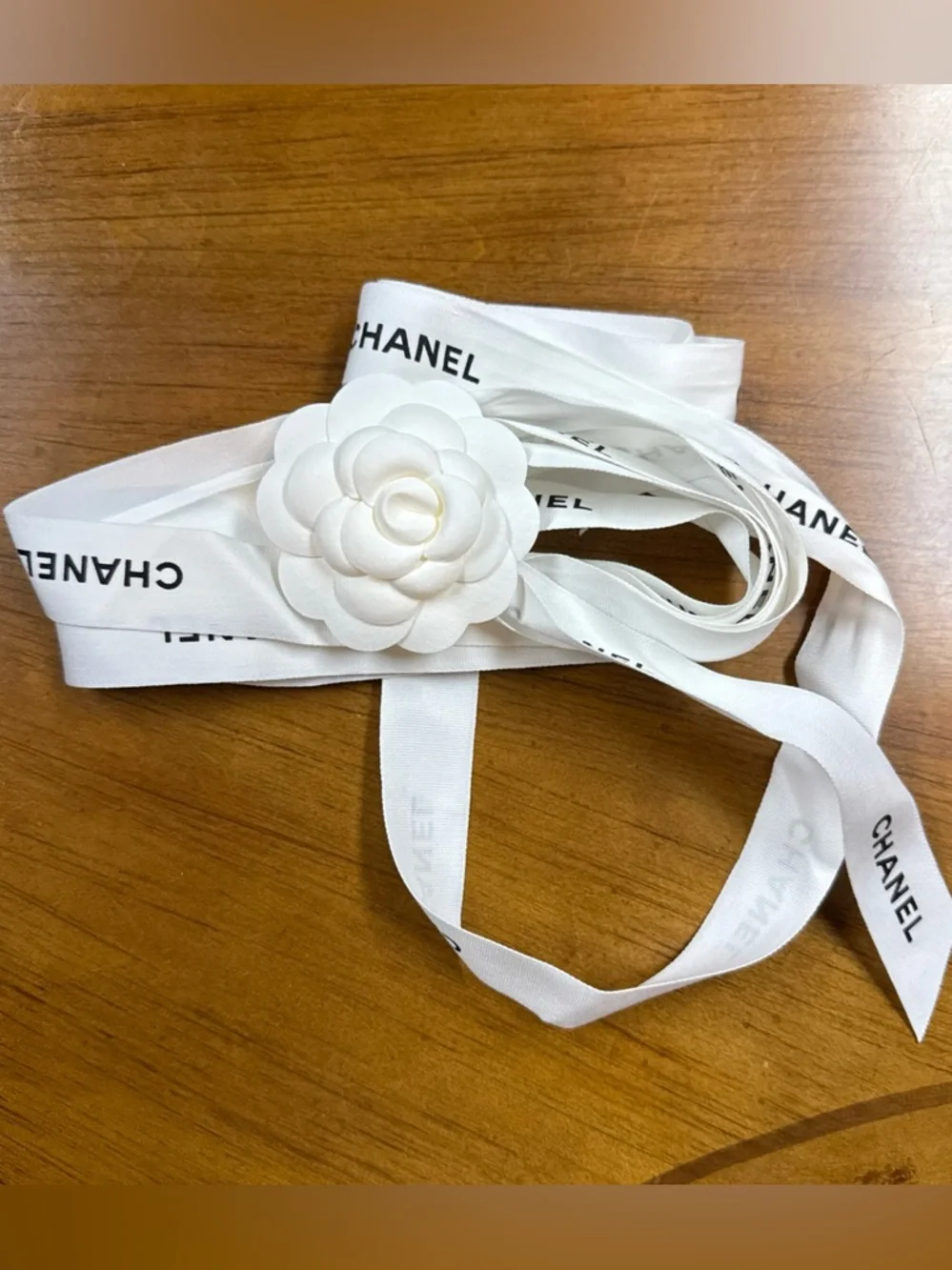 Chanel Gift Wrapping Ribbon 1” W59”L White Black Logo Camellia Flower Tissue
